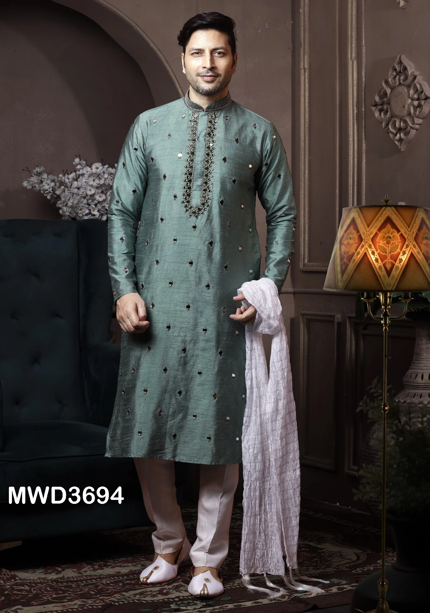 Readymade Green Mirror Embroidered Kurta Pajama, 36-1.webp